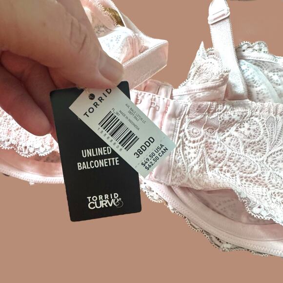 Torrid Curve Unlined Balconette Bra Pink Lotus Lace Underwire Sexy 38 DDD NEW - Picture 9 of 16